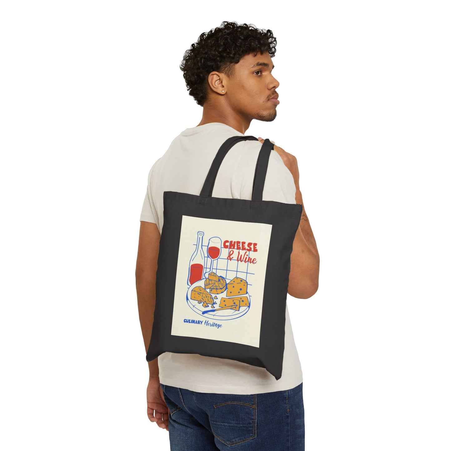 Cheese & Wine Illustration Tote Bag | Wine Bottle, Cheese Plate, Picnic Market