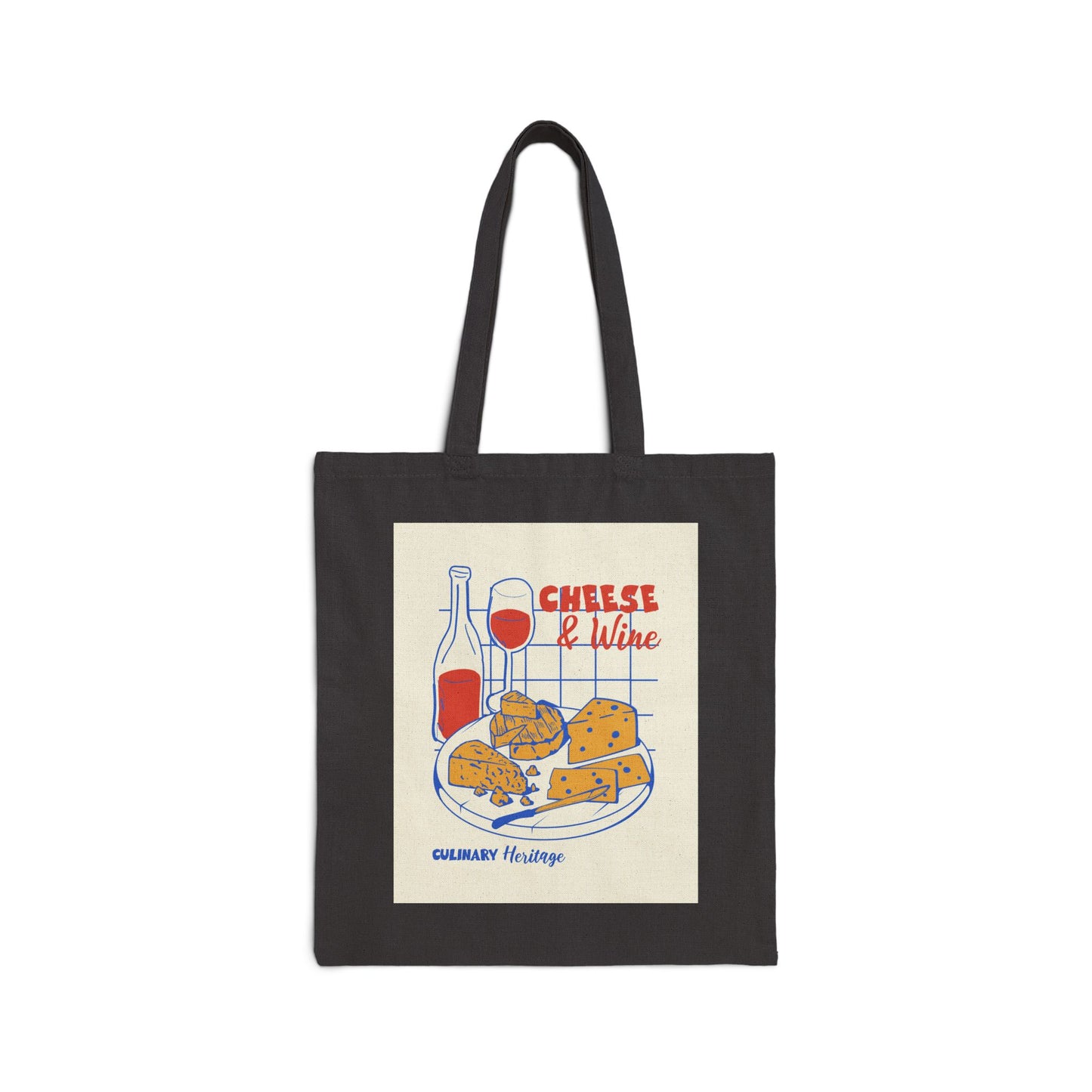 Cheese & Wine Illustration Tote Bag | Wine Bottle, Cheese Plate, Picnic Market
