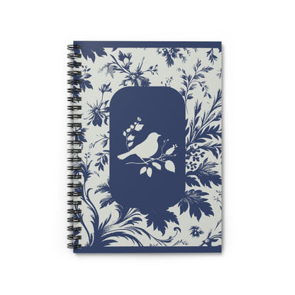 Chic Blue French Toile Floral Spiral Notebook | Bird Illustration Ruled Journal - College School Supplies - Trendy Preppy Fashion Notebook