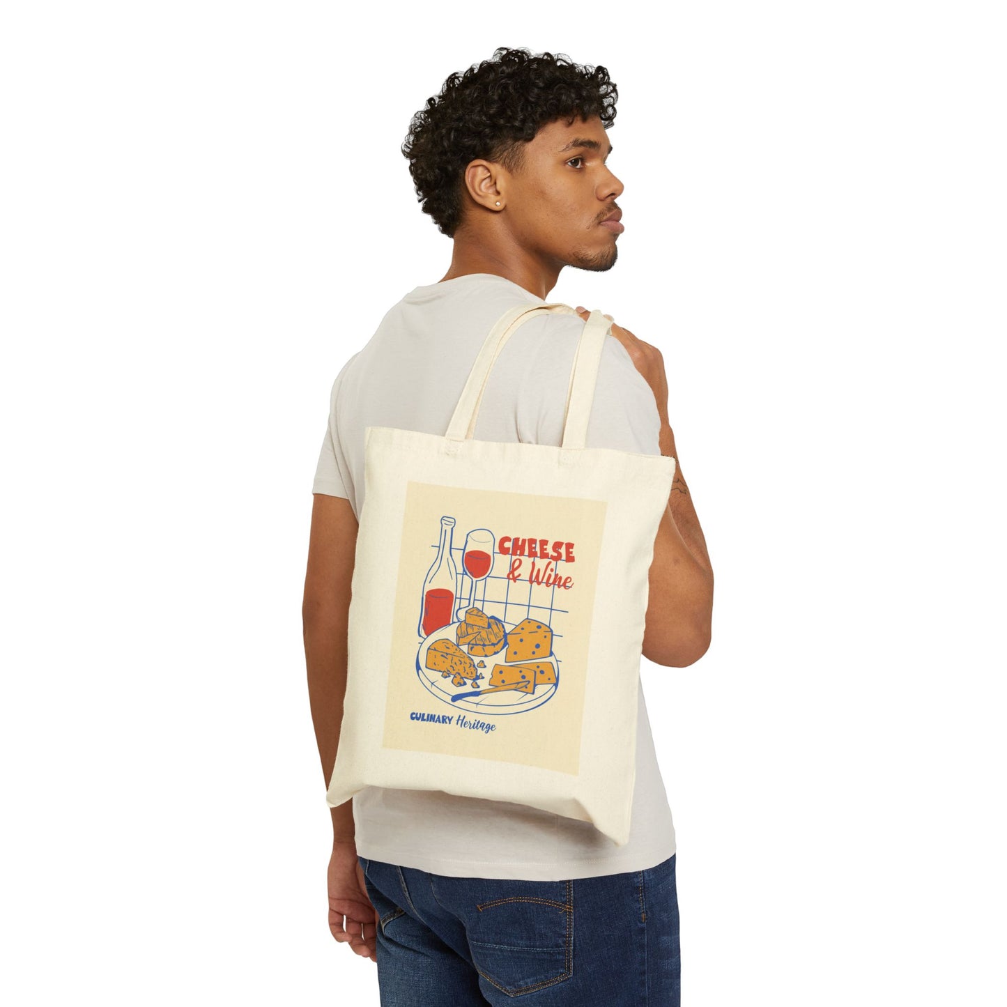 Cheese & Wine Illustration Tote Bag | Wine Bottle, Cheese Plate, Picnic Market