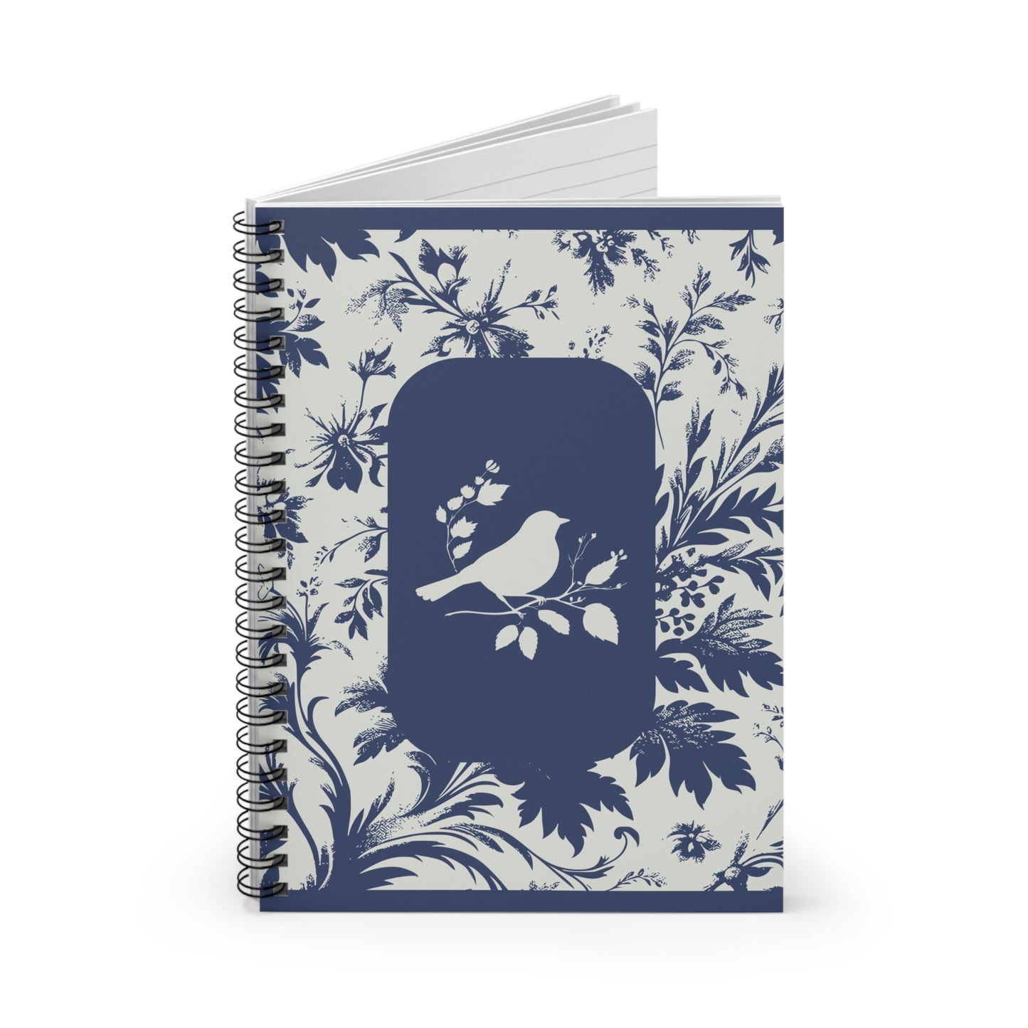 Chic Blue French Toile Floral Spiral Notebook | Bird Illustration Ruled Journal - College School Supplies - Trendy Preppy Fashion Notebook