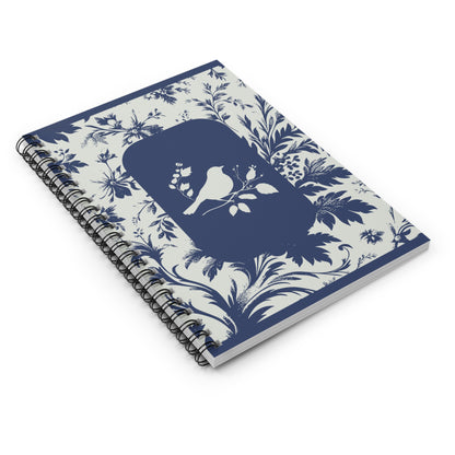 Chic Blue French Toile Floral Spiral Notebook | Bird Illustration Ruled Journal - College School Supplies - Trendy Preppy Fashion Notebook