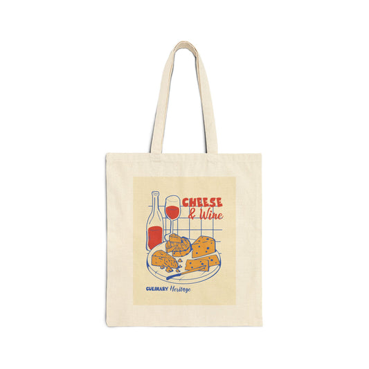 Cheese & Wine Illustration Tote Bag | Wine Bottle, Cheese Plate, Picnic Market