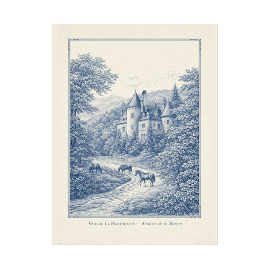 French Chateau Equestrian Landscape Rolled Poster Print | Antique Blue Toile Estate Horses Wall Art, Old Money Decor Scenic Castle Poster